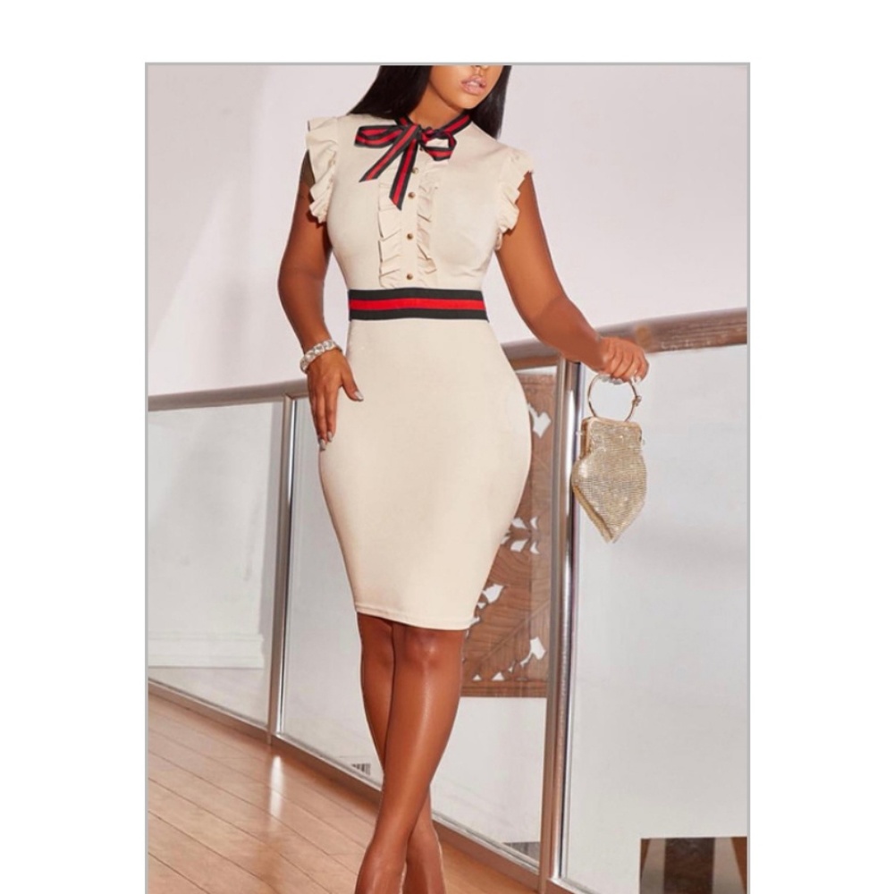 Cream Ruffle Tie-Neck Sheath Dress